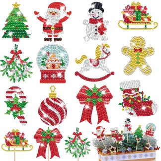 12Pcs Christmas Rhinestones Painting Kits Santa Claus Snowman Gingerbread Man Christmas Stockings Bows Design Rhinestones Art For DIY Art Garden Stake Decoratoin Enjoy Crafting Holiday Gifts
